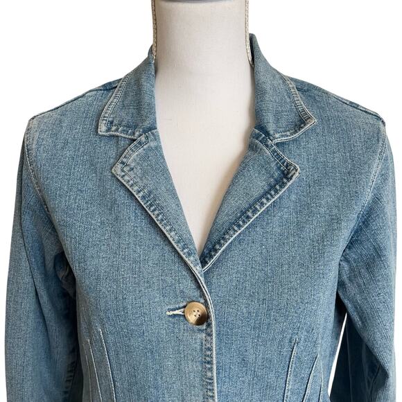 Isabella Bird Denim Blazer Women's 8 Petite Blue Cotton Spandex Button up Seams - Picture 2 of 10